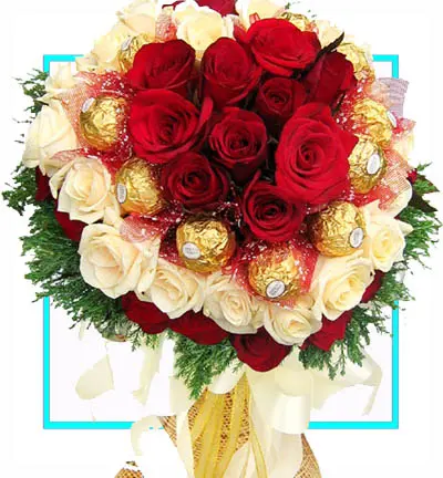 [PN-B-25-WR-R-16FER-1] White & Red Roses with Ferrero Rocher Gift Basket