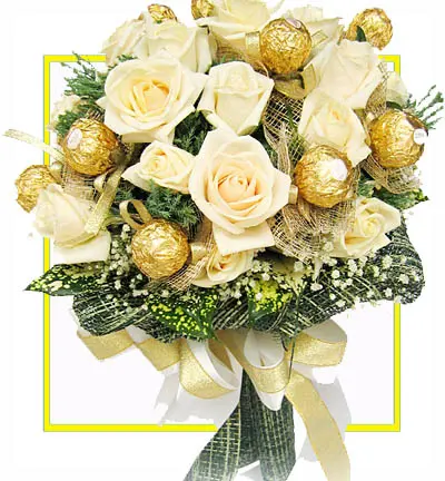 [PN-10WR-16FER-1] Luxury White Rose Bouquet with Ferrero Rocher