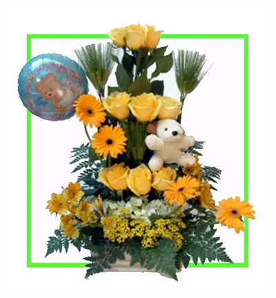 [B-15-YR-GER-TEDDY-1] Yellow gerbera flower bouquet with teddy
