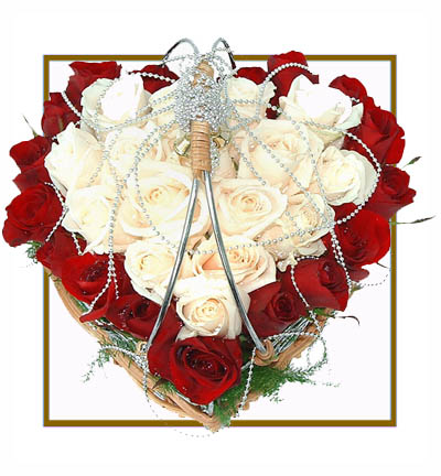 [PN-B40-RW-R-HEART-1] Heart-Shaped Basket of Red & White Roses Gift Bouquet